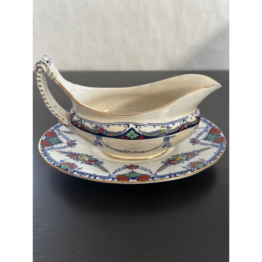 Barker Bros Merton Gravy Boat with Underplate Blue Floral Gold Trim England